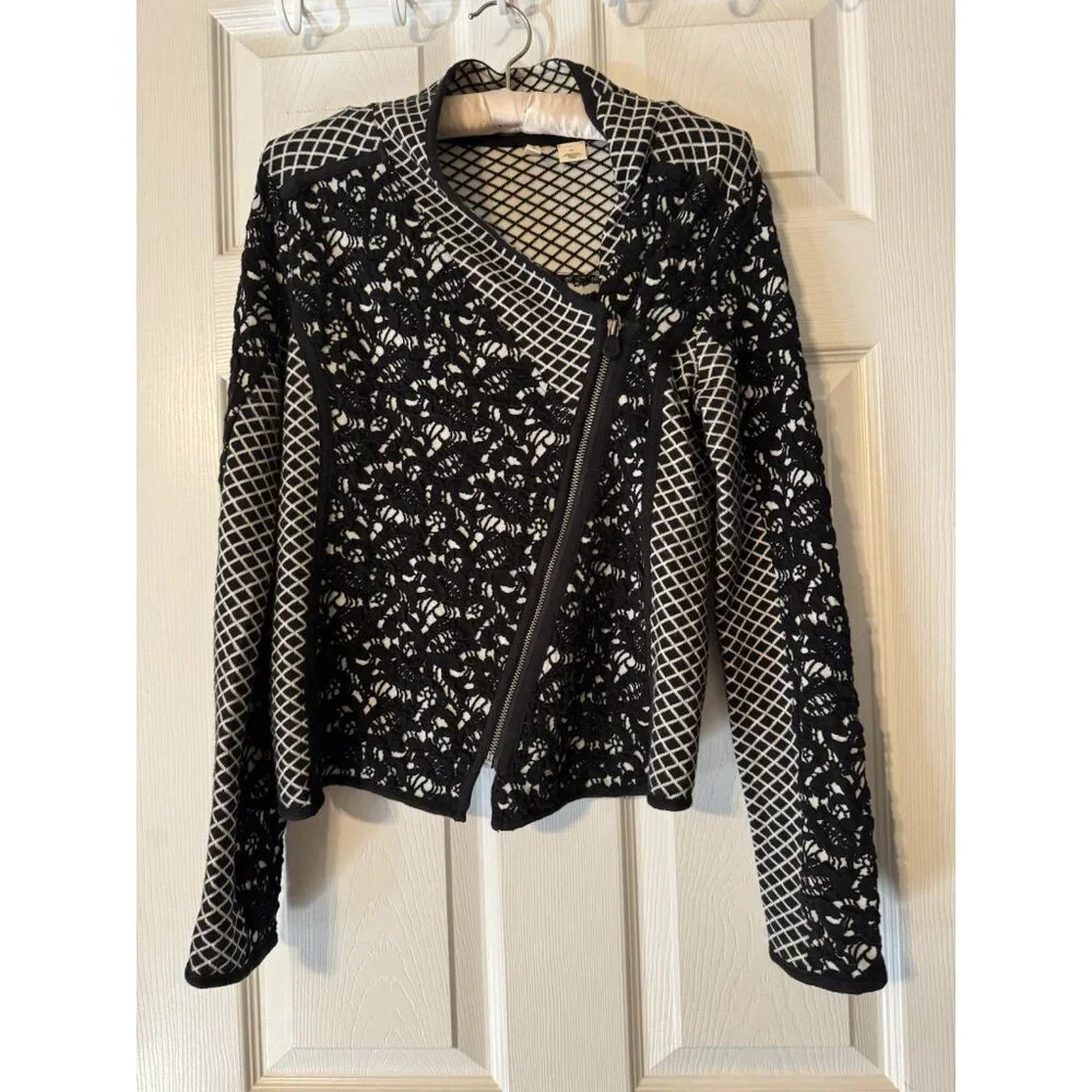 Moth Shawl Cardigan Sweater S Small Black Ivory Stretch Cotton Zip Foldover - Picture 7 of 14